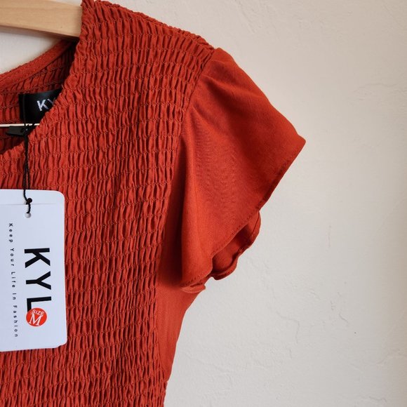 NEW! KYL smocked tiered dress with short ruffle sleeves in rust orange Size M - Picture 3 of 13